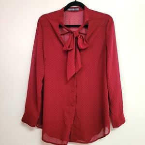 Burgandy and Black Polka Dot Sheer Tie Button Up Blouse size XL